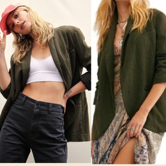 Free People Rowan Blazer Gauzy Cotton Army Green  17707 - Picture 3 of 12